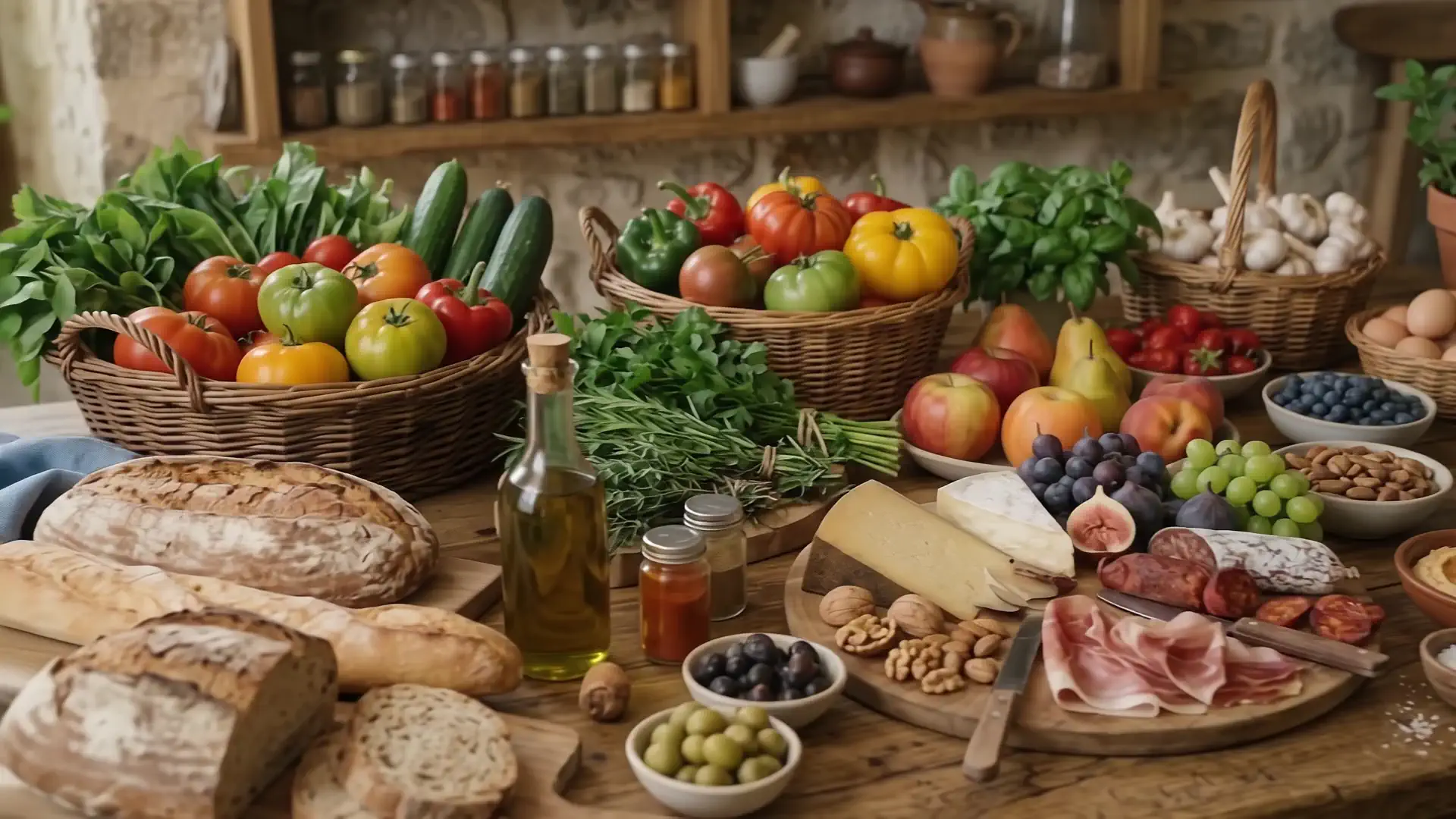 Mesa con alimentos frescos de dieta mediterránea: verduras, fruta, pan, aceite de oliva y frutos secos